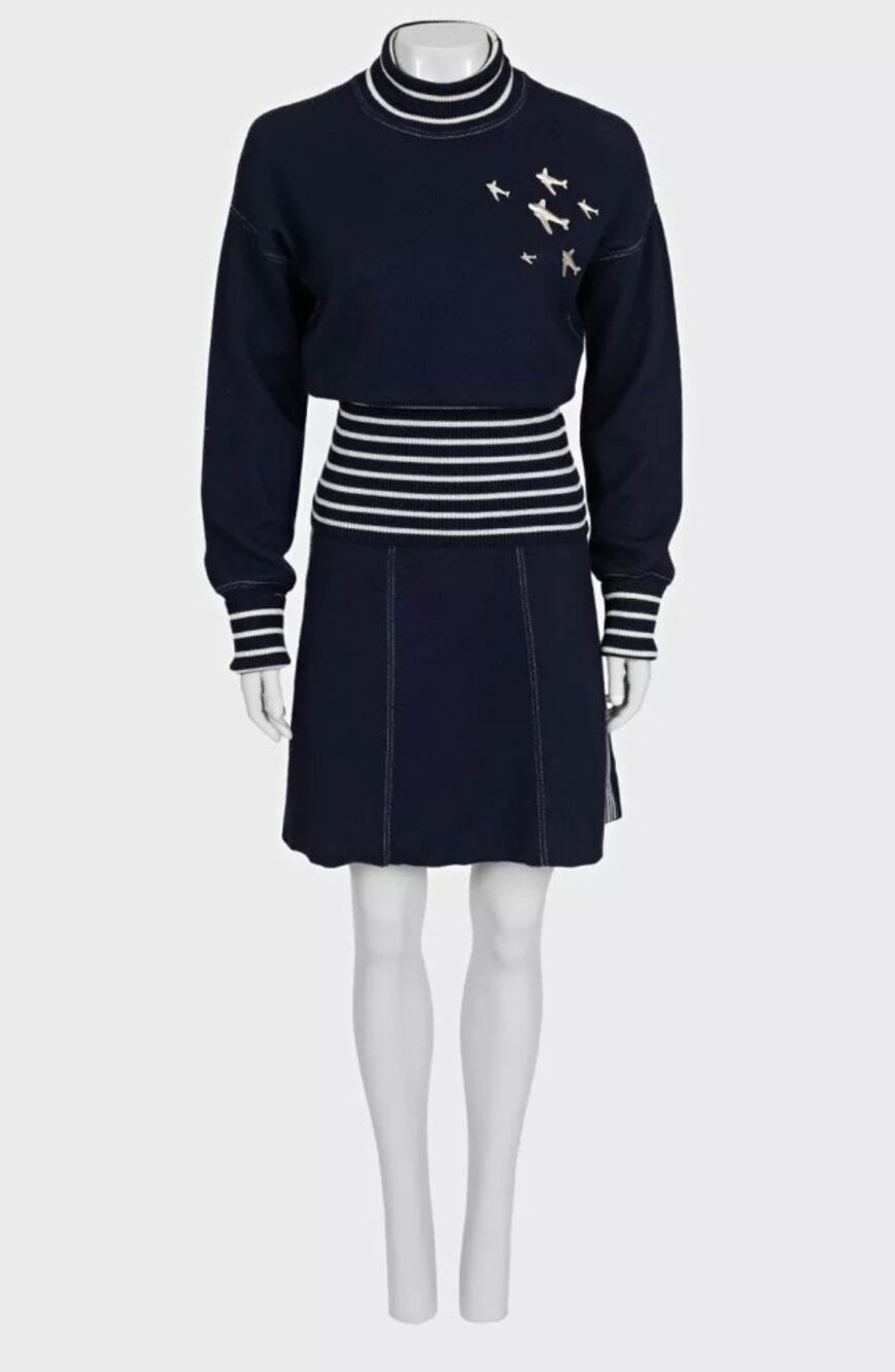 Chanel 2008 Cruise Blue Knit Embellished Skirt Suit Sz 38